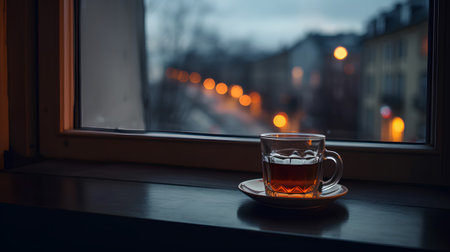 Cup of tea on the windowsill in the evening. Selective focus.の素材