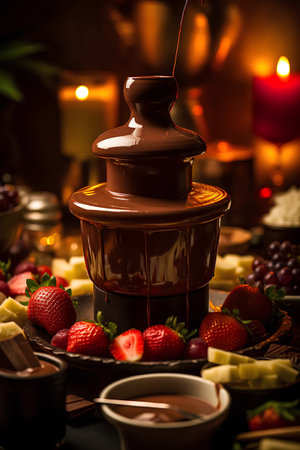Chocolate fondue with fresh strawberries and melted chocolate on dark backgroundの素材