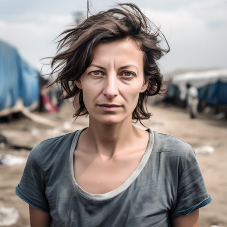 Portrait of a young woman in dirty clothes on the beach.の素材