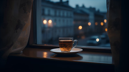Cup of hot tea on the window sill in the evening.の素材