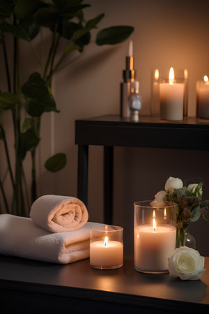 Spa still life with burning candles, towels and flowers on tableの素材