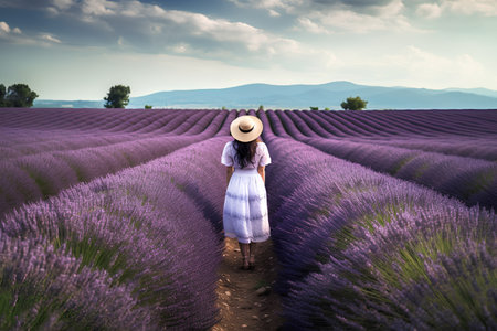 Woman walking in lavender field, Provence, France.の素材