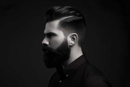 Portrait of a handsome young man with long beard and mustache. Black and white photo.の素材