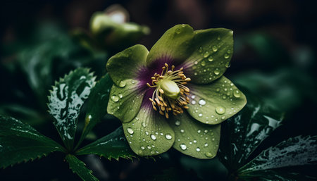 Close-up of hellebore flower with raindrops.の素材