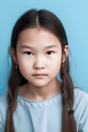 Portrait of a beautiful little asian girl on blue background.の素材