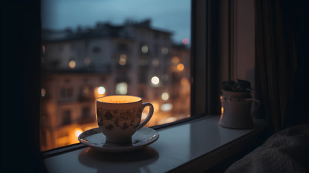 A cup of coffee on the window with a view of the city at nightの素材