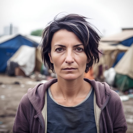 Portrait of a woman in front of a tent in the countrysideの素材