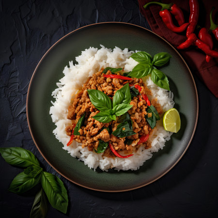 Rice topped with stir-fried pork and basil on a plateの素材