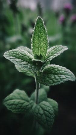 Close up of fresh mint growing in the garden. Selective focus.の素材