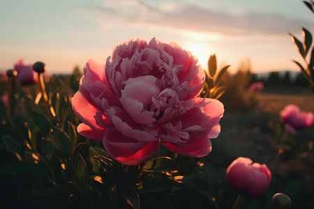 Beautiful pink peony flower in the field on sunset background.の素材