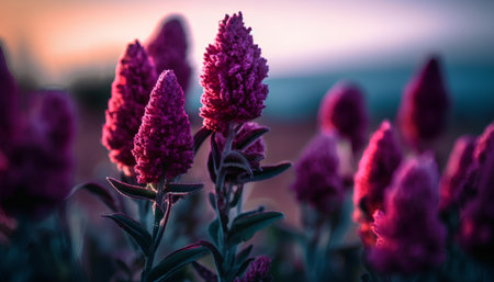 Purple Celosia argentea flower in the field at sunsetの素材