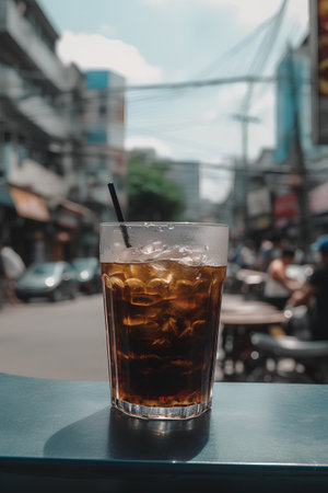 Cola in a glass on the table with blurred background, vintage styleの素材