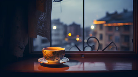 A cup of coffee on the windowsill in the evening at home.の素材