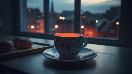 Cup of coffee on the windowsill in the evening. Cozy home atmosphere.の素材