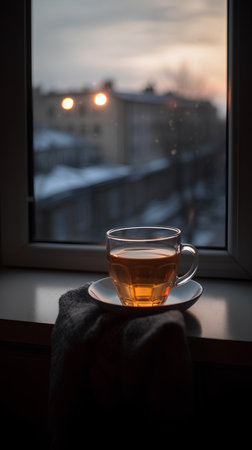 A cup of hot tea on the windowsill with a warm scarf.の素材