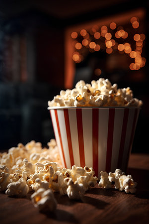 Popcorn in a bucket on a wooden table. Bokeh background.の素材