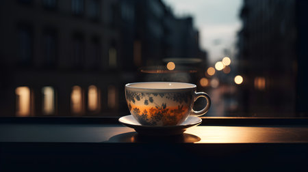 Cup of tea on the windowsill in the city at sunsetの素材