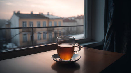 A cup of tea on the windowsill with a view of the cityの素材