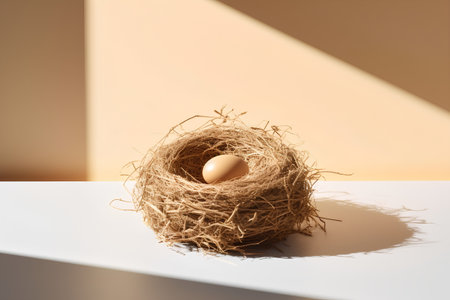 Egg in a bird's nest on a white table. 3d renderingの素材