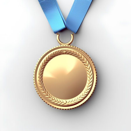 Gold medal with blue ribbon isolated on white background. 3d illustrationの素材