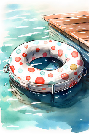 Watercolor illustration of a lifebuoy in the water on the pierの素材