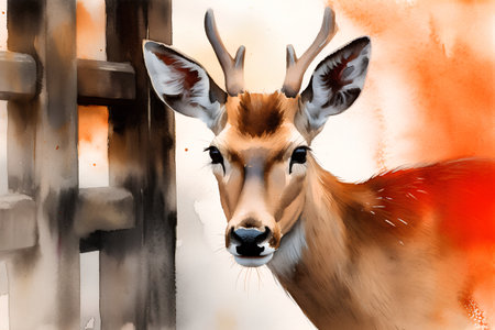 Watercolor painting of a male deer with antlers. Digital painting.の素材