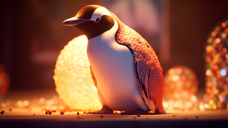 Penguin on the background of the fireplace. 3D illustration.の素材
