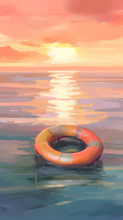 Lifebuoy floating on the water at sunset. Vector illustration.の素材