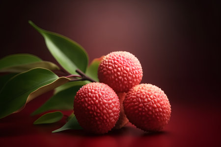 Fresh lychees on a red background. Close-up.の素材