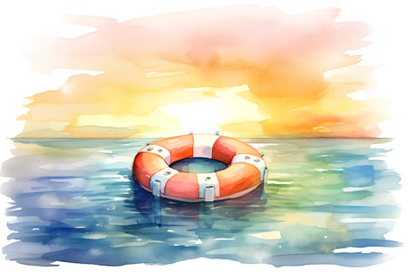 Watercolor illustration of a lifebuoy floating in the sea.の素材