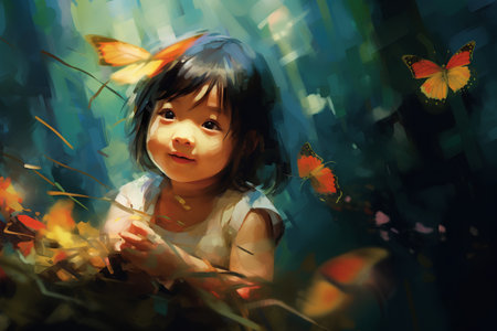 Little asian girl with butterfly in the forest. Digital painting.の素材