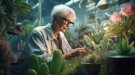 Experienced female florist working with cactus plants in greenhouseの素材