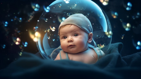 Cute little baby boy in a glass sphere with bokeh lightsの素材
