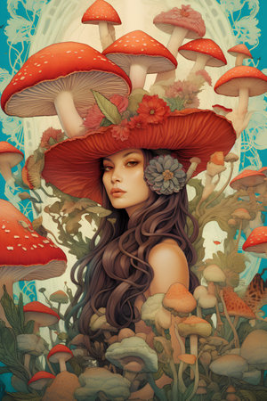 Beautiful girl in a hat among the mushrooms. Fantasy illustration.の素材