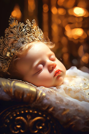 Portrait of a beautiful little princess in a golden crown. Fairy tale.の素材