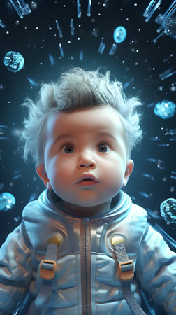 3D rendering of a little boy in outer space with stars and planetsの素材