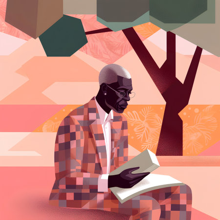 African american man reading a book in the park. Vector illustrationの素材
