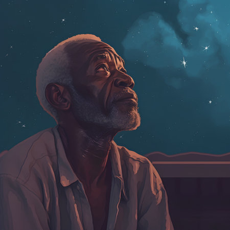 Portrait of an old man in the sky with stars. 3d renderingの素材