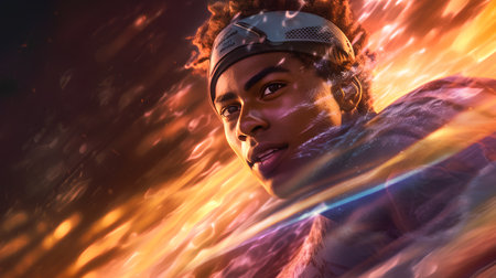 Portrait of a beautiful African American woman with headphones listening to music and dancing.の素材