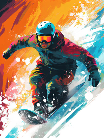 Vector illustration of a snowboarder in action on a background of colorful paint splashes.の素材