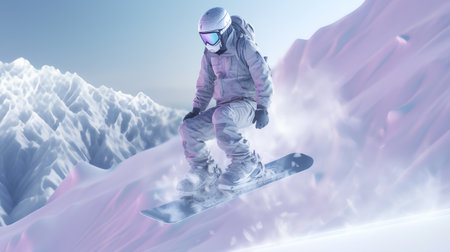 Snowboarder jumping on a snowy slope. 3D Renderingの素材