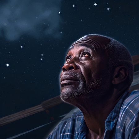 Portrait of a senior African American man looking up at night sky.の素材