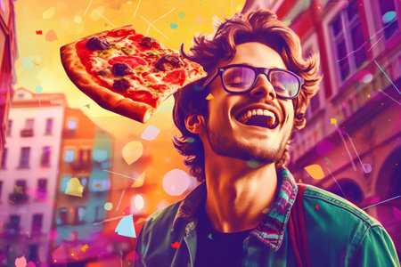 Portrait of a handsome young man with pizza in the city.の素材