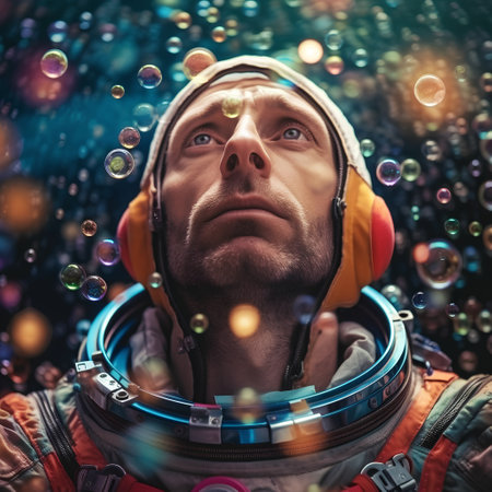 Astronaut in outer space with soap bubbles over dark background.の素材