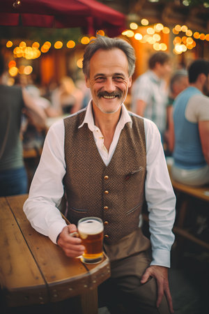 Mature man drinking beer at a pub. Portrait of a senior man wearing a traditional Bavarian costume.の素材