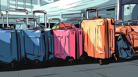 Suitcases on the background of the airport terminal. Vector illustrationの素材