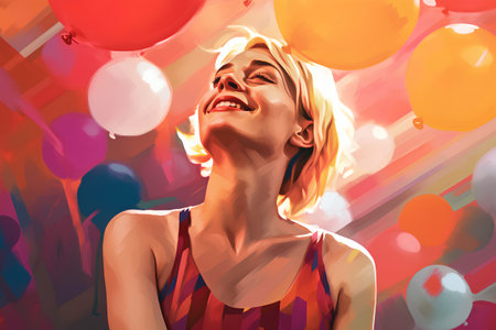 Beautiful young woman with balloons on colorful background. Vector illustration.の素材