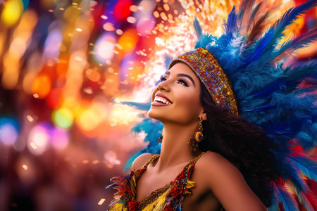 Beautiful african american woman in carnival costume. Bokeh background.の素材