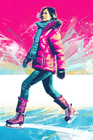 Vector illustration of a girl skating on a frozen lake in the winter.の素材
