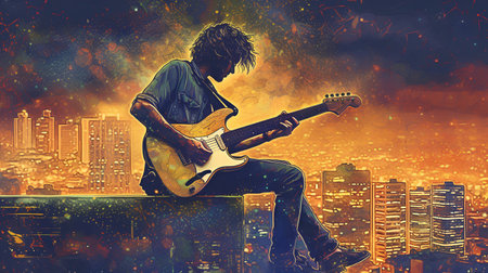 Guitar player on grunge urban background. Music concept.の素材